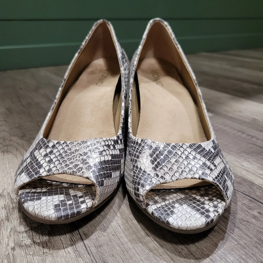 Vionic Snake-Print Peep Toe Wedge in Black and Cream